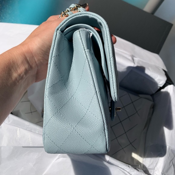 22P CHANEL Medium Classic Double Flap Bag Light Blue Caviar LGHW NWT - Picture 16 of 17